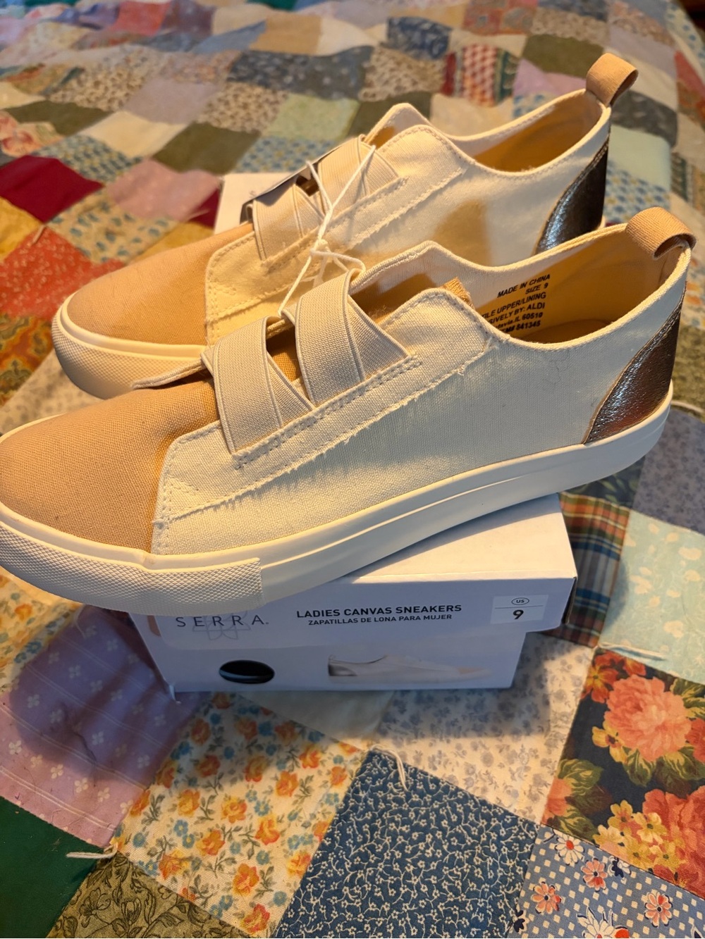 Serra Cream Canvas Slip-On Sneakers with Peach Toe & Metallic Heel